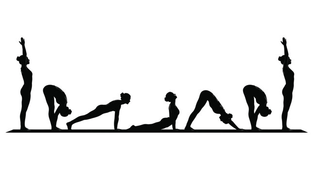 Silhouette of a woman performing the sun salutation yoga sequence in this artistic studio photo