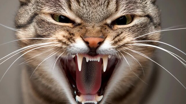 A close-up shot of an angry tabby cat hissing with its mouth open, baring sharp teeth and fangs.
