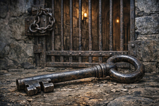 A single old metal jail cell key lying on the floor of a dark room with dirty stone walls. The barbed wire is hanging above the key.