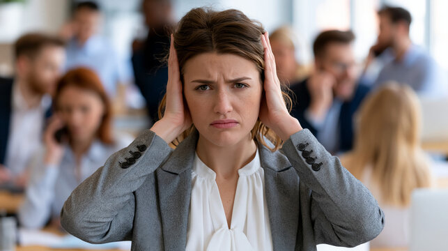 Overwhelmed by Office Noise: A woman in a business suit grimaces with her hands over her ears, trying to block out the cacophony of a busy.