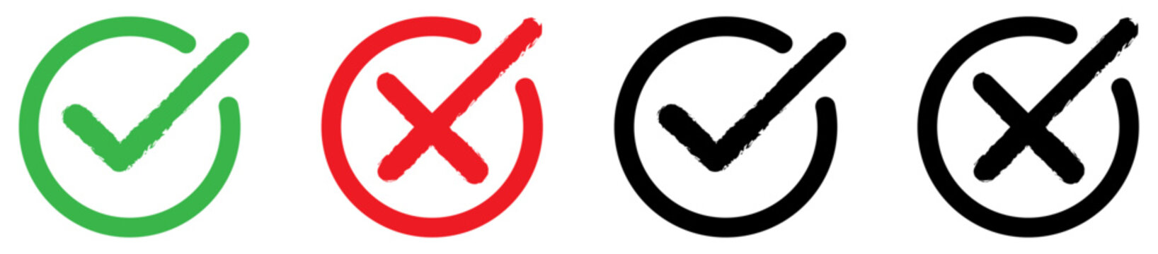 Check mark and cross icon set with approval and rejection symbols in circular outline style. Vector illustration. For mobile apps, web interface, dashboard, notification, voting system, and UI design.