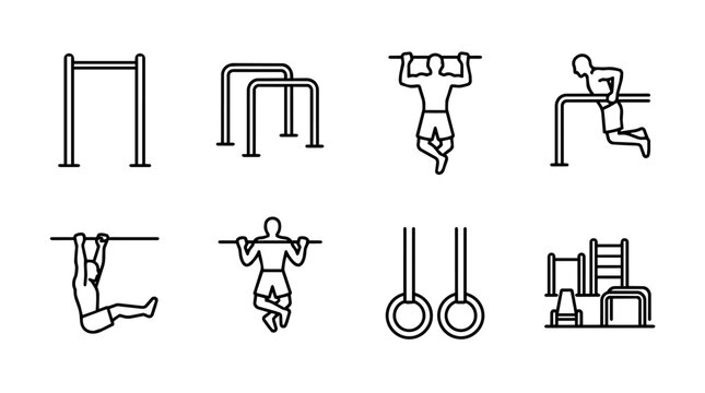 Set of minimalist line icons illustrating calisthenics workout elements, including various exercises and equipment