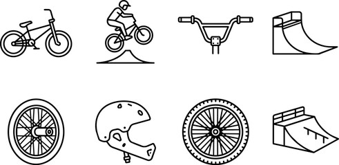 Obraz premium Bmx extreme sport set with bicyclist jumping ramp, bike, helmet, handlebar, and wheels in line art style