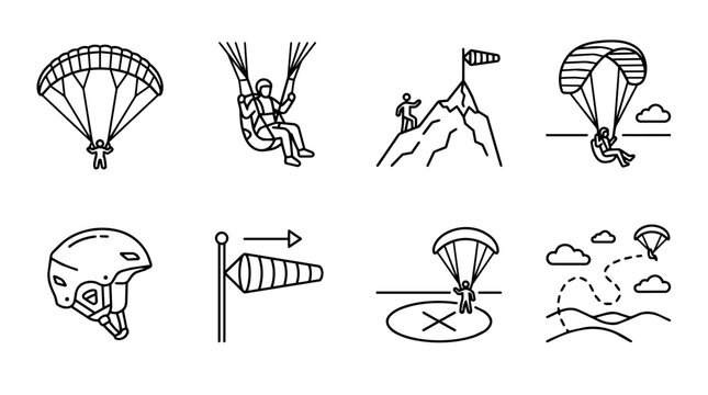 Set of paragliding and skydiving line icons, representing elements of extreme sport, flight, adventure, and safety gear