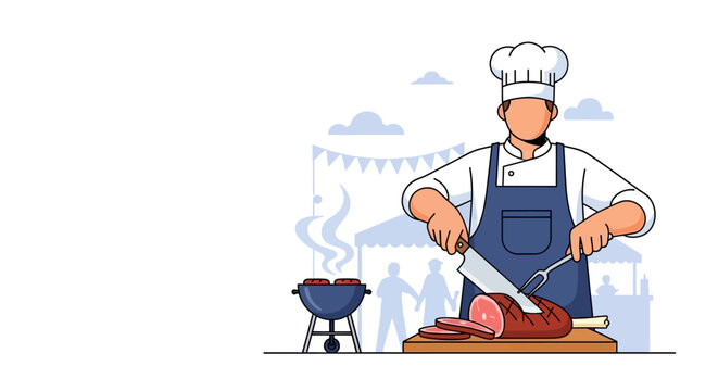 Professional Chef Carving Grilled Meat at Outdoor Barbecue Event