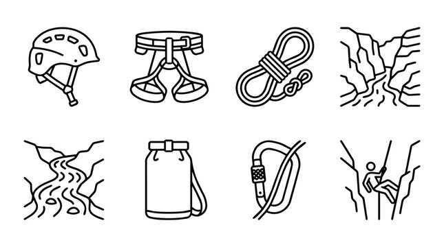 Canyoning and rappelling outdoor adventures line art icons with safety gear, helmet, harness, rope, and carabiner