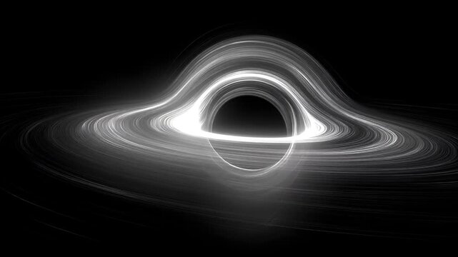 Black hole, fantasy, mysterious. A black and white digital artwork depicts a swirling vortex of light and shadow. The vortex consists of a series of concentric circles.