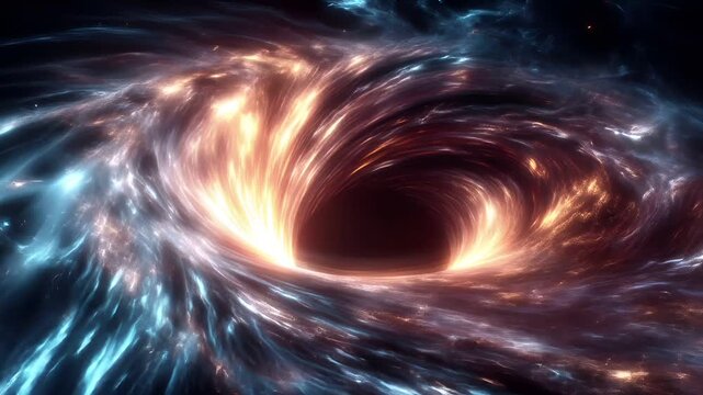 Black hole, fantasy, mysterious. A vivid digital artwork depicts a swirling vortex of light and shadow. The vortex is a mesmerizing blend of fiery orange and blue hues.