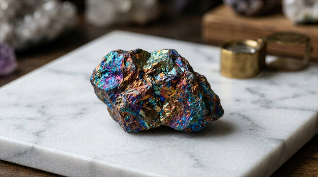 Iridescent Peacock Ore Bornite Mineral Specimen on White Marble Slab for Geology Study