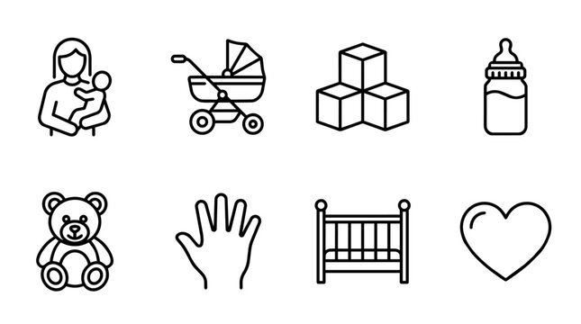Set of line art icons depicting newborn care, parenting, and childhood elements like a mother with baby, stroller, and crib