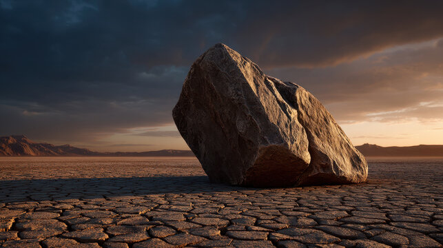 Monolithic stone boulder on cracked desert ground under dramatic sunset sky