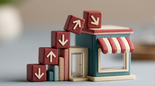 Small Business Economics: A miniature storefront displays the ups and downs of commerce with red blocks indicating fluctuating market trends.