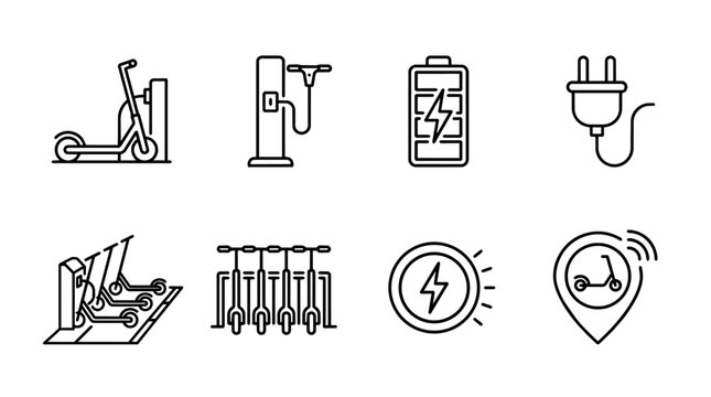 Electric scooter mobility, sharing, and charging icons set depicting sustainable urban transportation concepts
