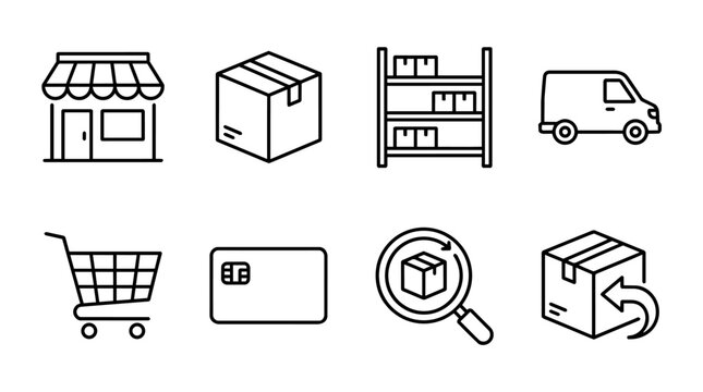E-commerce online shopping icons set representing logistics, delivery, payment, warehouse and retail processes