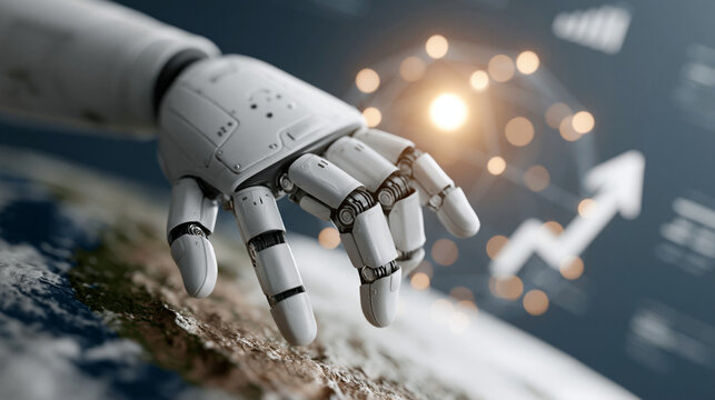 Robot Hand Touching Earth: A futuristic robot hand, equipped with intricate articulated fingers, gently touches the surface of planet Earth, signifying technological advancement and global connection.