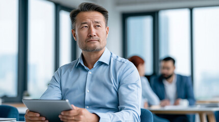 Fototapeta premium Serious Businessman with Tablet in Meeting: A middle-aged Asian man, wearing a light blue dress shirt, sits intently in a modern office setting.