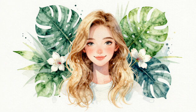 Aquarell Illustration einer Frau im tropischen Querformat