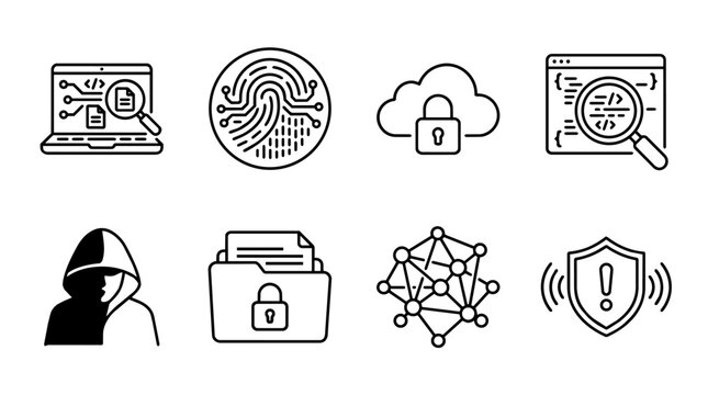 Cybersecurity icons representing network security, data protection, digital privacy, and online threats