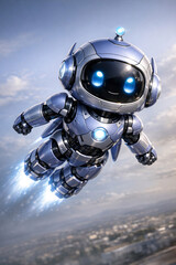 Fototapeta premium Silver robot in flight with blue lights and thrusters against a cloudy sky.