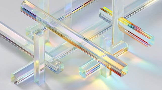 Abstract 3D geometric grid of intersecting transparent glass beams casting colorful rainbow light shadows on a gray floor