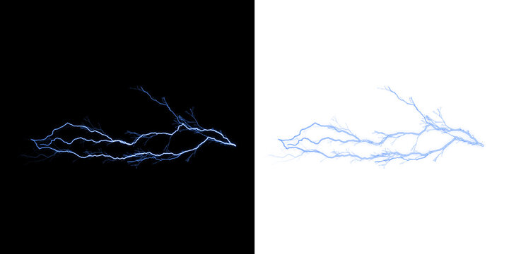 Blue lightning bolt discharge with matching silhouette on a white background isolated on a transparent background