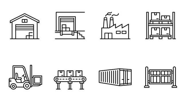Logistics and supply chain icons illustrating warehousing, manufacturing, shipping, and delivery processes