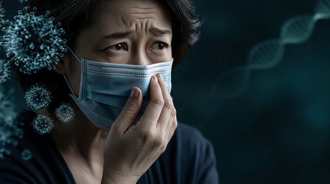 Anxiety Amidst Pandemic: A person wearing a medical mask looks fearful as abstract representations of the virus swirl around.