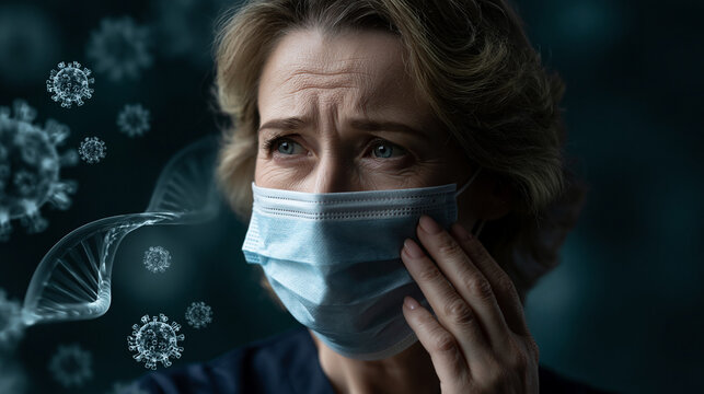 Fear of Pandemic: A woman wearing a face mask looks anxious and fearful amidst a backdrop of virus particles and DNA strands, symbolizing the global health crisis and the widespread fear it instills.