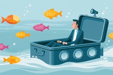 Naklejka premium Surreal Concept of a Calm Businessman Piloting a Giant Briefcase Underwater Surrounded by Colorful Fish