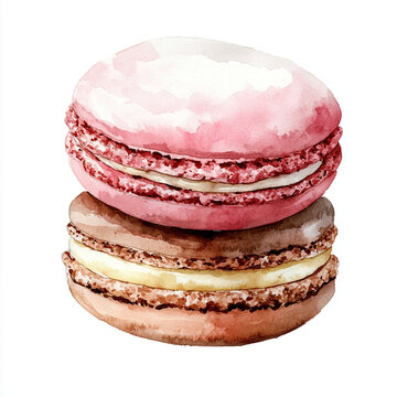 Watercolor French macaron cookies: pink and chocolate Generative AI