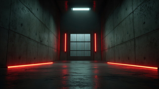 Dark concrete cell, neon light, empty prison corridor with red glow and barred gate in dim interior