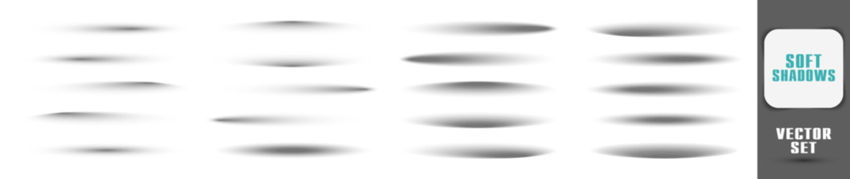 Set of soft oval shadows with realistic drop effects. Vector elements on transparent background.