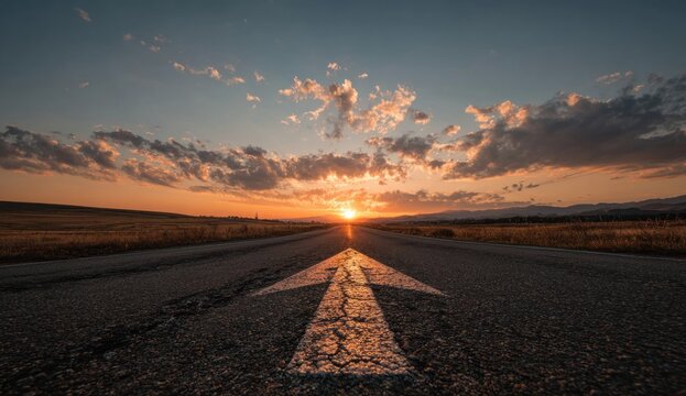 Long open road with a white directional arrow painted on dark asphalt surface leading towards a glowing sunset sky