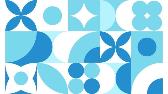 Animated geometric pattern. Background loop 4K resolution. Minimalist composition with circles, arches and floral shapes in blue shades. 2d Animation of abstract shapes in grid.