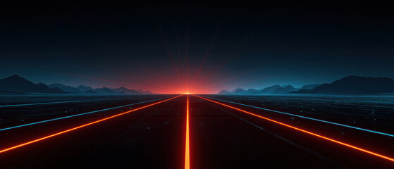 Obraz premium Glowing digital landscape with abstract line horizon and dark mountain silhouette at sunrise