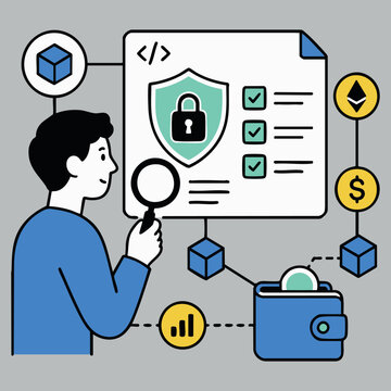 Man inspecting blockchain digital security parameters with magnifying glass code dashboard and safe lock icon for cryptocurrency protection and cyber data defense concept