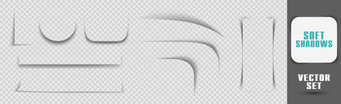 Soft shadow element set with smooth curves and blur effects on transparent background