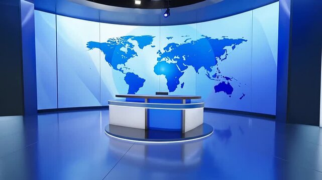A modern television news studio set with a large digital world map background display