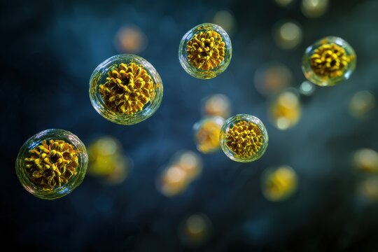 Floating ambrosia pollen grains seen under a microscope in a close-up view highlighting the structure and potential for causing allergies in sensitive individuals