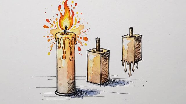 A hand drawn illustration of a single burning candle and two unlit wax blocks
