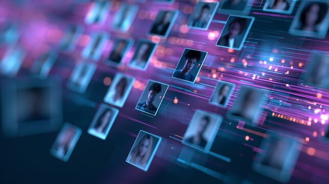 Medium shot of a futuristic AI interface sorting creative talent profiles in neon blue and violet hues with floating tiles and dynamic data lines against a blurred background.