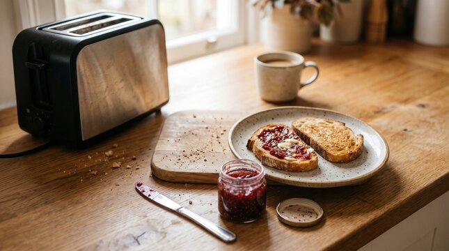 Toasted bread with jam on plate beside coffee cup and toaster  
