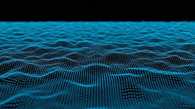 A glowing blue digital wave pattern moves across a dark background