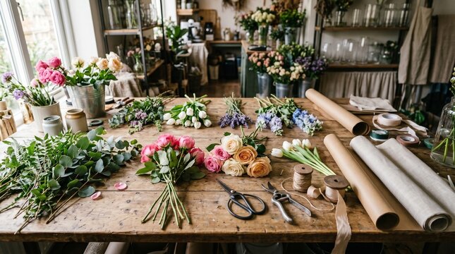 Flower arrangement materials on wooden table in floral workshop  