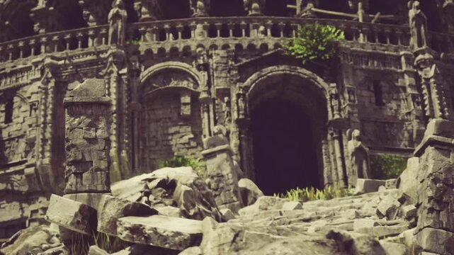 eroded stone steps leading to arched doorway, historian documenting decay and resilient structure, noting fissures, patina and surviving ornament