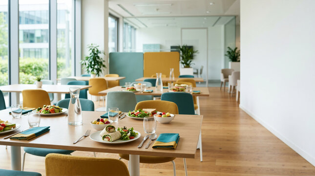 Healthy meals on tables in modern corporate cafeteria. Bright office break room with colorful chairs and fresh food for lunch