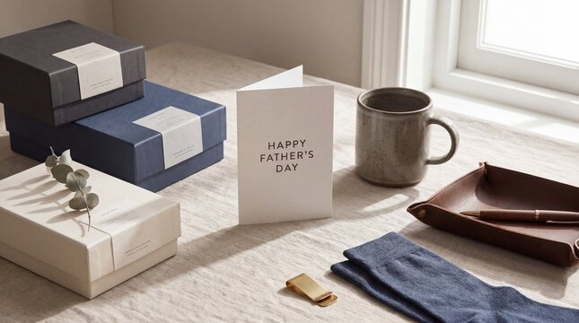 Father&rsquo;s Day gift setup with wrapped boxes, ceramic mug, leather wallet, socks, gold accessory, and greeting card on wooden table
