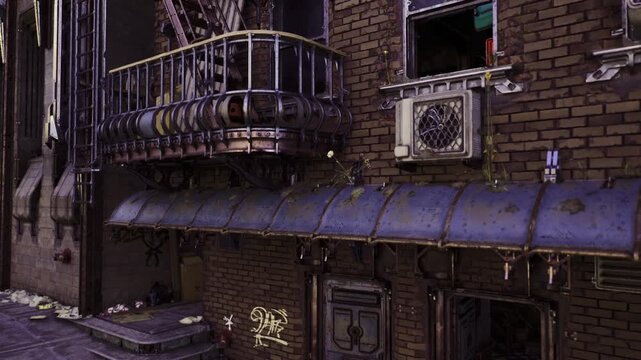 Closeup brick facade showing rusting balcony and peeling paint, soot marks, warped metal railing, narrow window openings, ideal for architecture detail