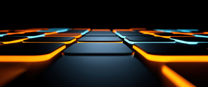 Illuminated grid pattern glowing edge abstract background dark surface perspective view orange light blue light geometric pattern digital texture futuristic design