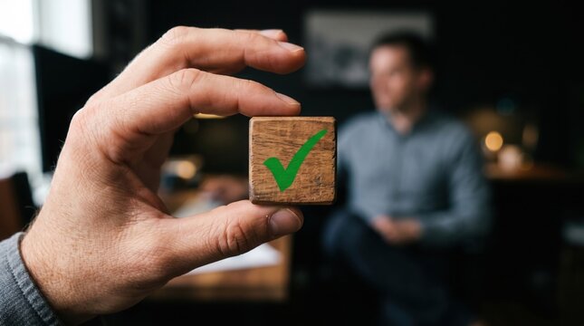 A close-up of a hand holding a wooden block with a green checkmark symbol. In the background, a blurred person is seated, suggesting a business meeting or decision-making context